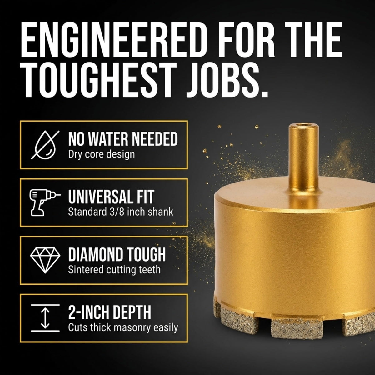 3-1/2 inch dry core diamond hole saw: no water needed, standard 3/8 inch shank, sintered teeth, 2 inch depth