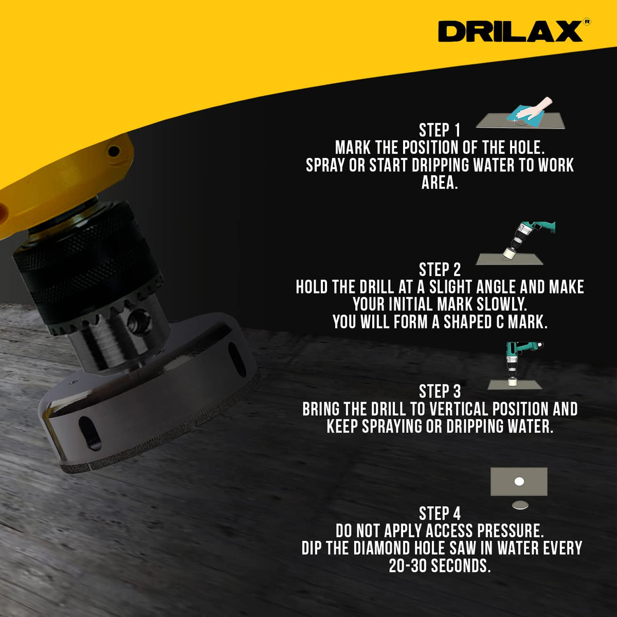 How to drill: mark the hole and add water, start at a slight angle, bring the drill vertical, keep it wet