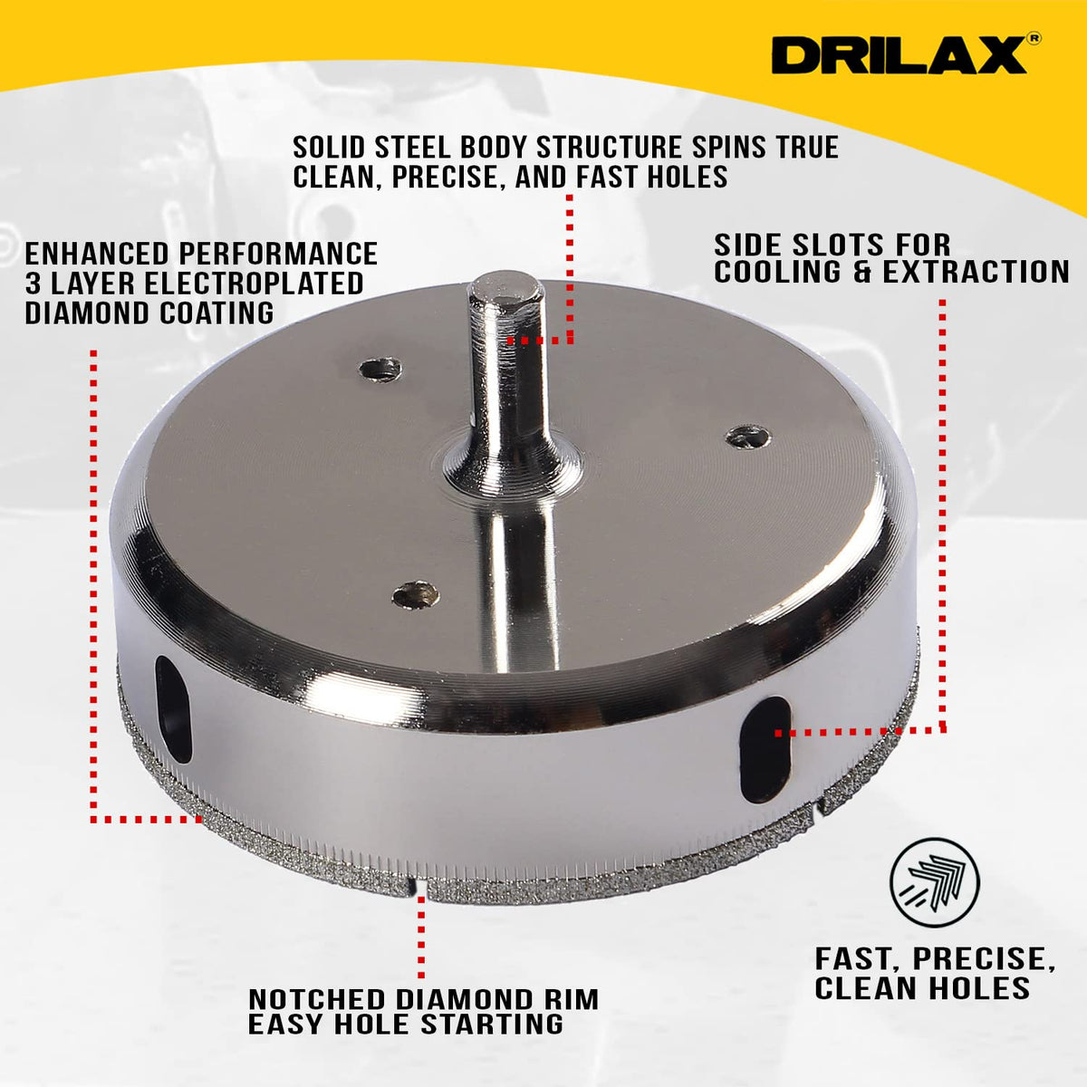 Solid steel body, 3 layer electroplated diamond coating, side slots and notched diamond rim