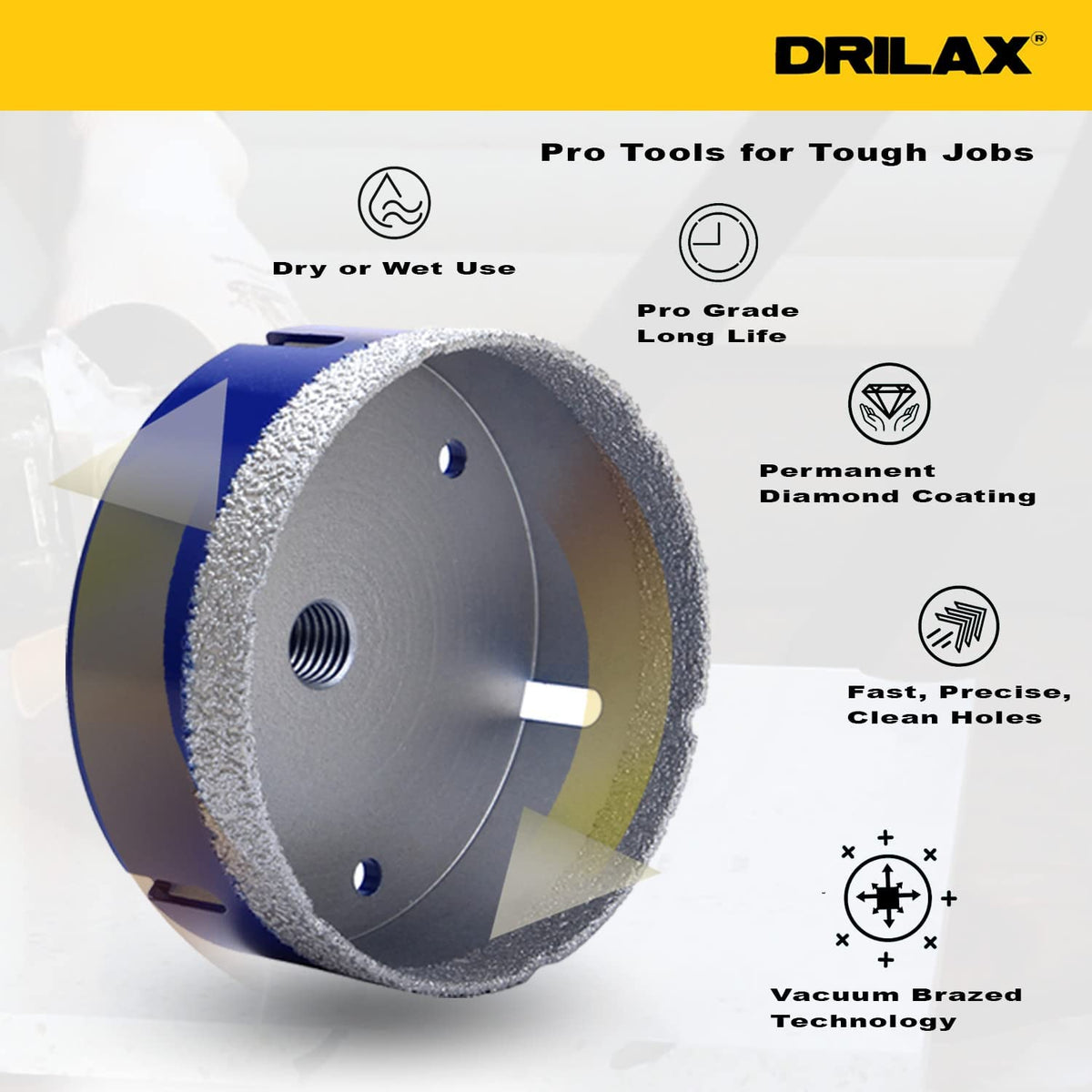 Pro tools for tough jobs: dry or wet use, pro grade long life, permanent diamond coating, vacuum brazed technology