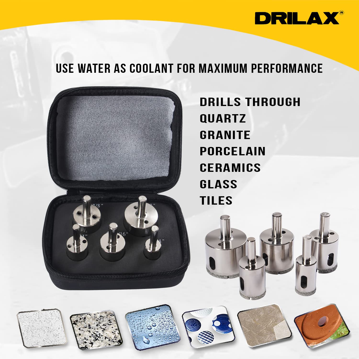 Drilax 5 Pcs Diamond Drill Bit Set 3/4", 1", 1-3/16", 1-3/8", 1-5/8" Wet Cutting Tiles, Glass, Fish Tanks, Marble, Granite, Ceramic, Porcelain, Bottle drilax-tools