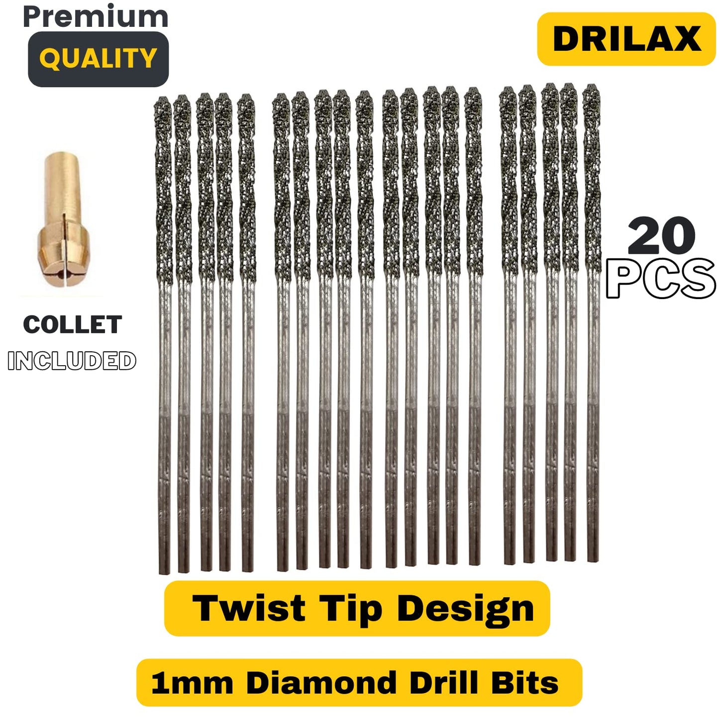 1mm Diamond Bits For Drilling Stone Compatible with Dremel Drill Bit Set Twist Tip Design Jewelry Sea Glass Beach Shell Gemstone 20 Pieces Set drilax-tools