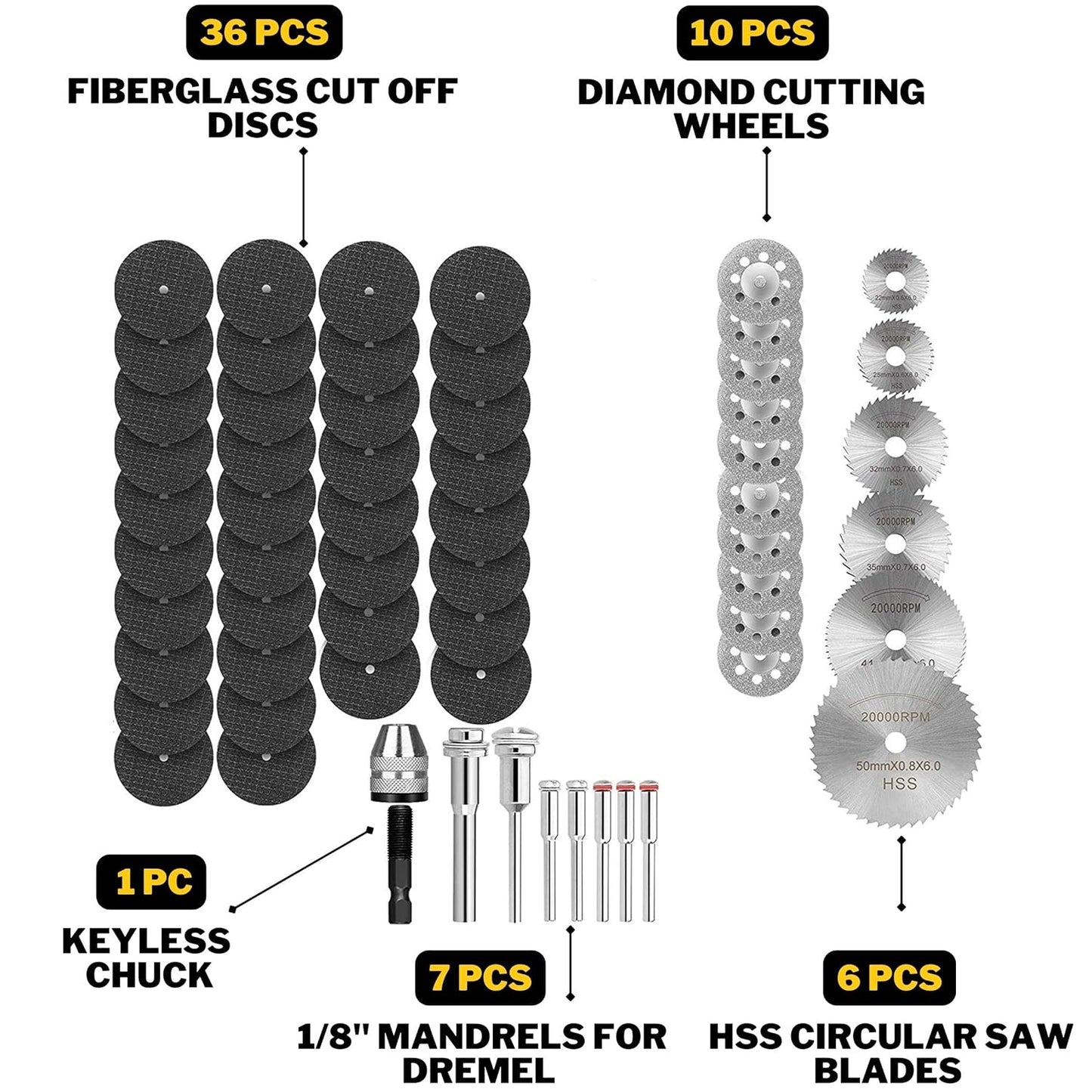 Drilax 60-Piece Rotary Cutting Disc Wheel Set – HSS & Diamond Blades, 1/8" Mandrels, Keyless Chuck, Dremel-Compatible