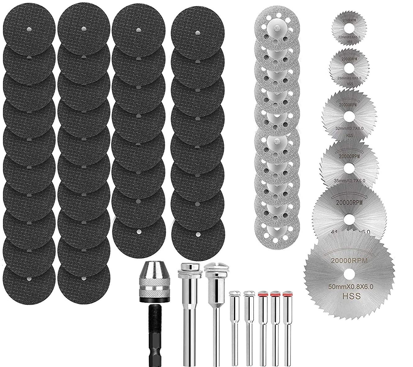 Drilax 60-Piece Rotary Cutting Disc Wheel Set – HSS & Diamond Blades, 1/8" Mandrels, Keyless Chuck, Dremel-Compatible