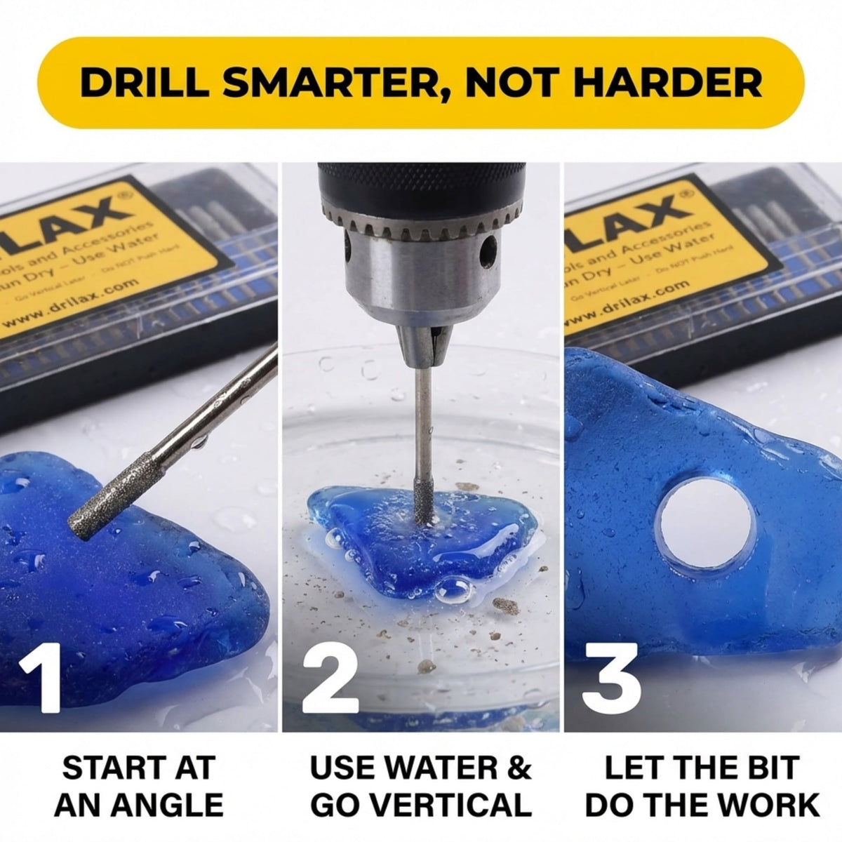 Start at an angle, use water and go vertical, let the bit do the work