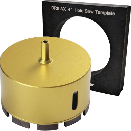 DRILAX diamond 4 inch concrete hole saw in gold with template guide for masonry and tile cutting