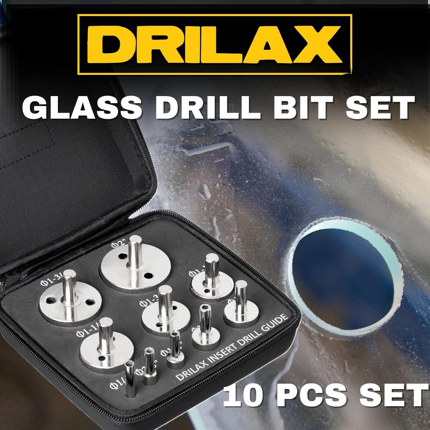 DRILAX diamond drill bit set with 10 pieces in a black carrying case for glass and tile drilling