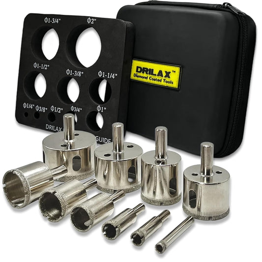 DRILAX diamond drill bit set including various diamond hole saws with carrying case and drill guide