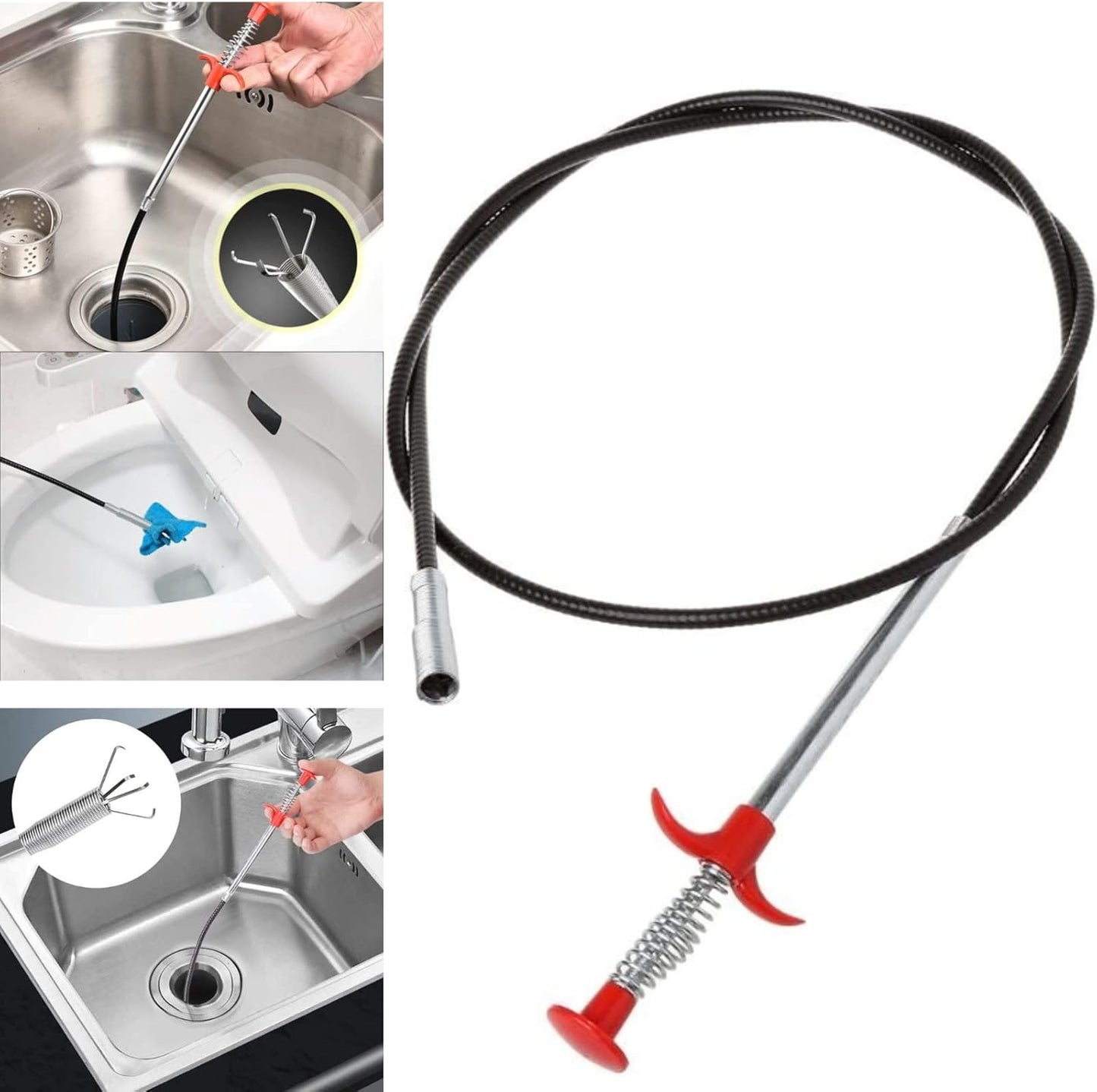 DRILAX drain cleaning tool with spring claw and red handle flexible grabber for sinks and toilets