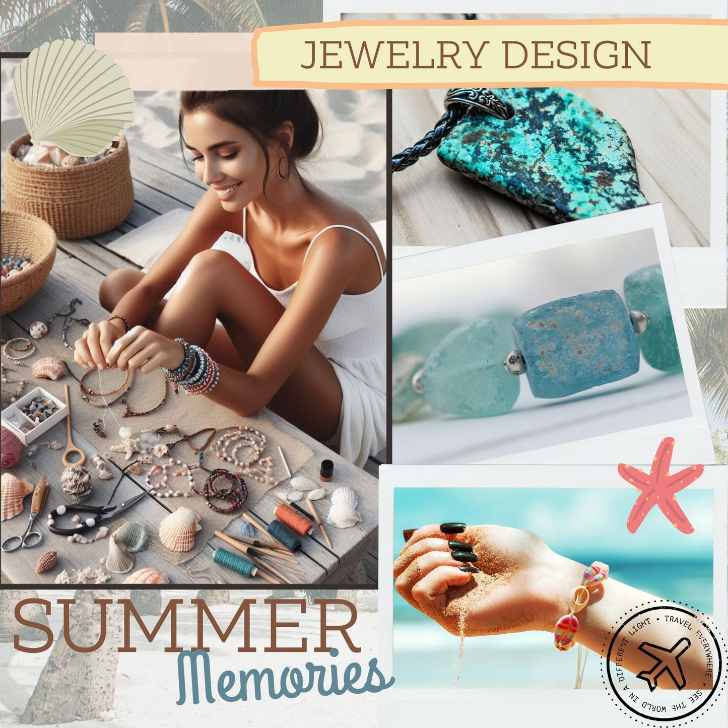 Collage of jewelry design with a woman, turquoise jewelry, and a beach scene.