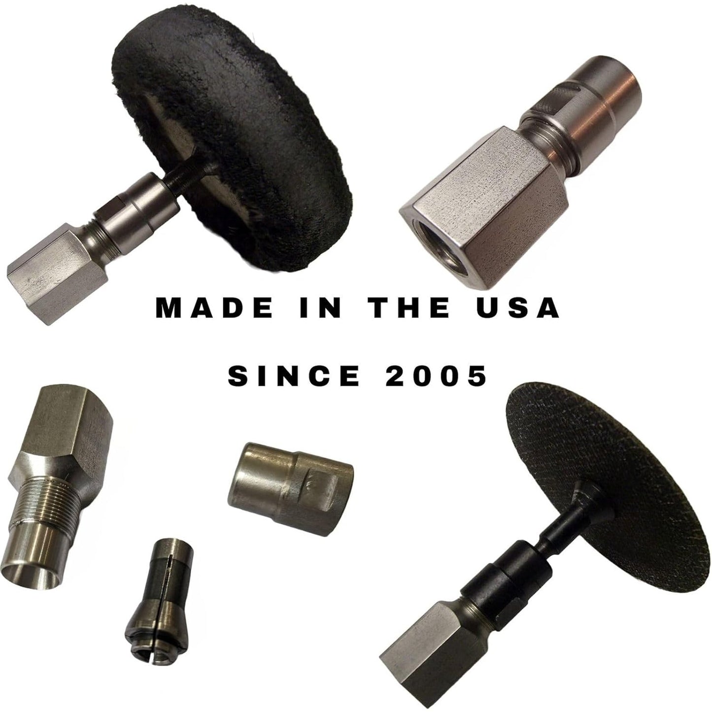 DRILAX flapper adapter kit with metal couplers and abrasive flapper discs showing Made in the USA