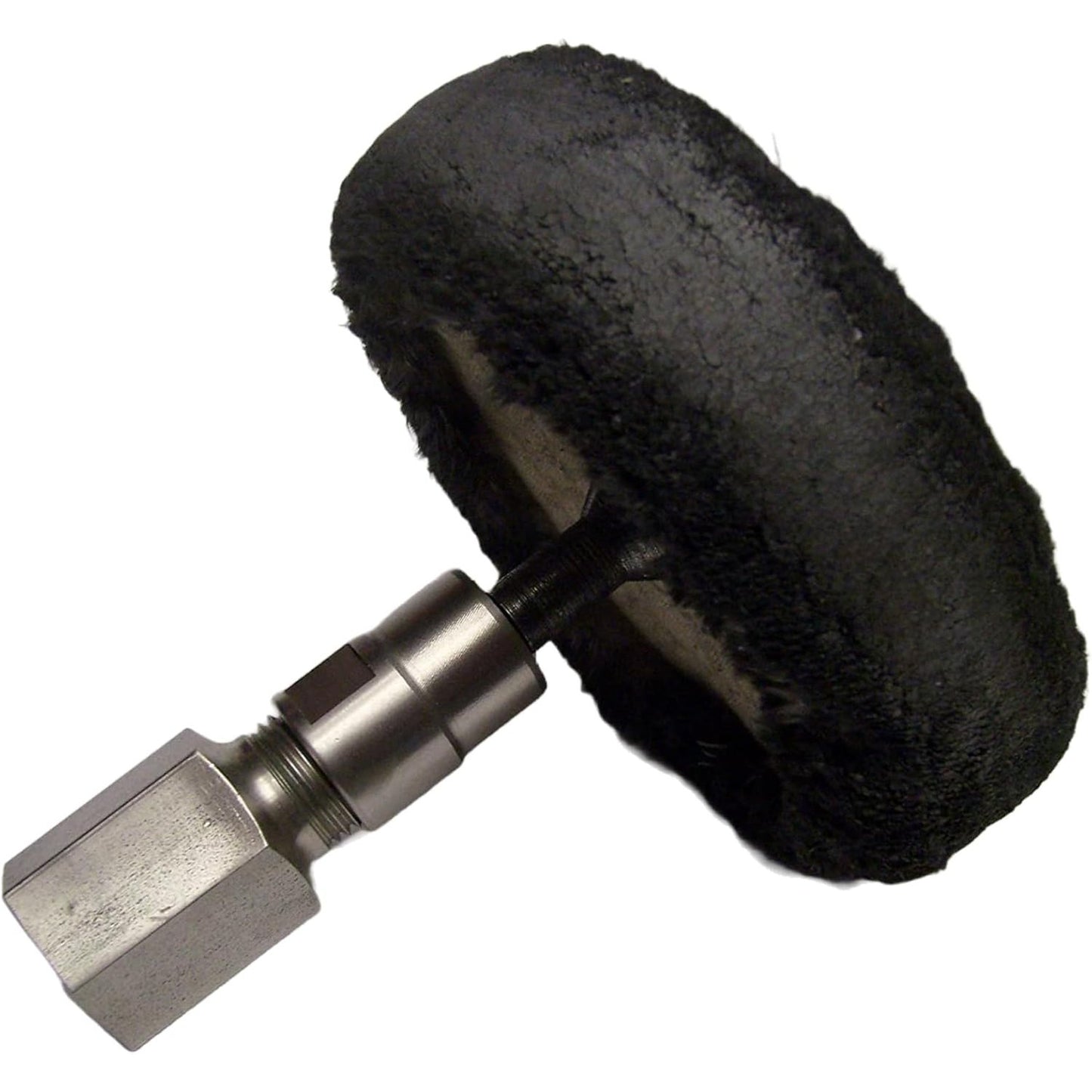 DRILAX flapper adapter with black abrasive wheel and hex drill fitting for surface grinding