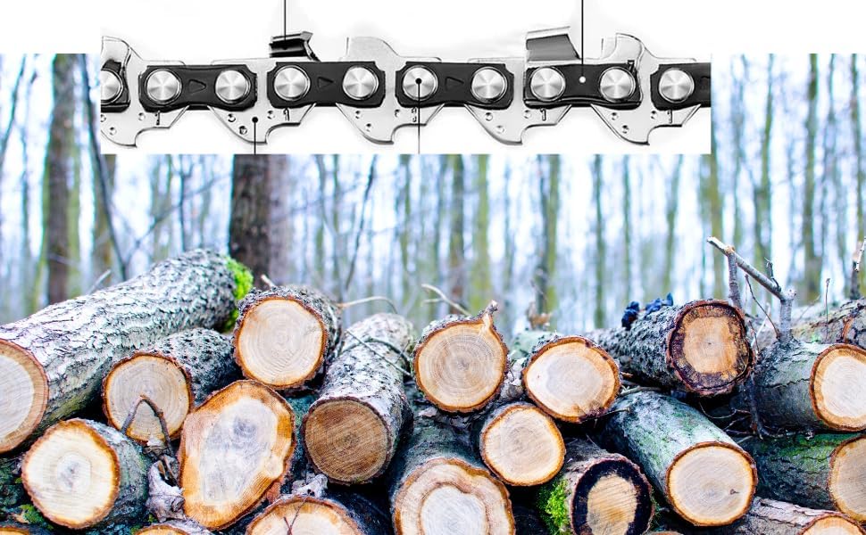 Drilax chainsaw chain close up over stacked cut logs in forest showing remington pole saw chain for pruning