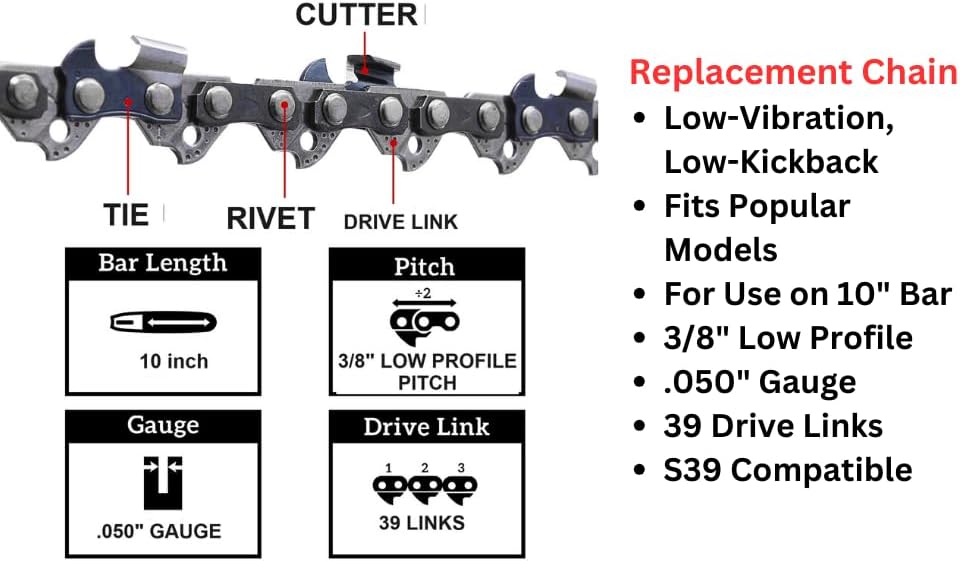 Drilax 10 inch 050 gauge chainsaw chain 39 drive links low vibration remington pole saw chain replacement