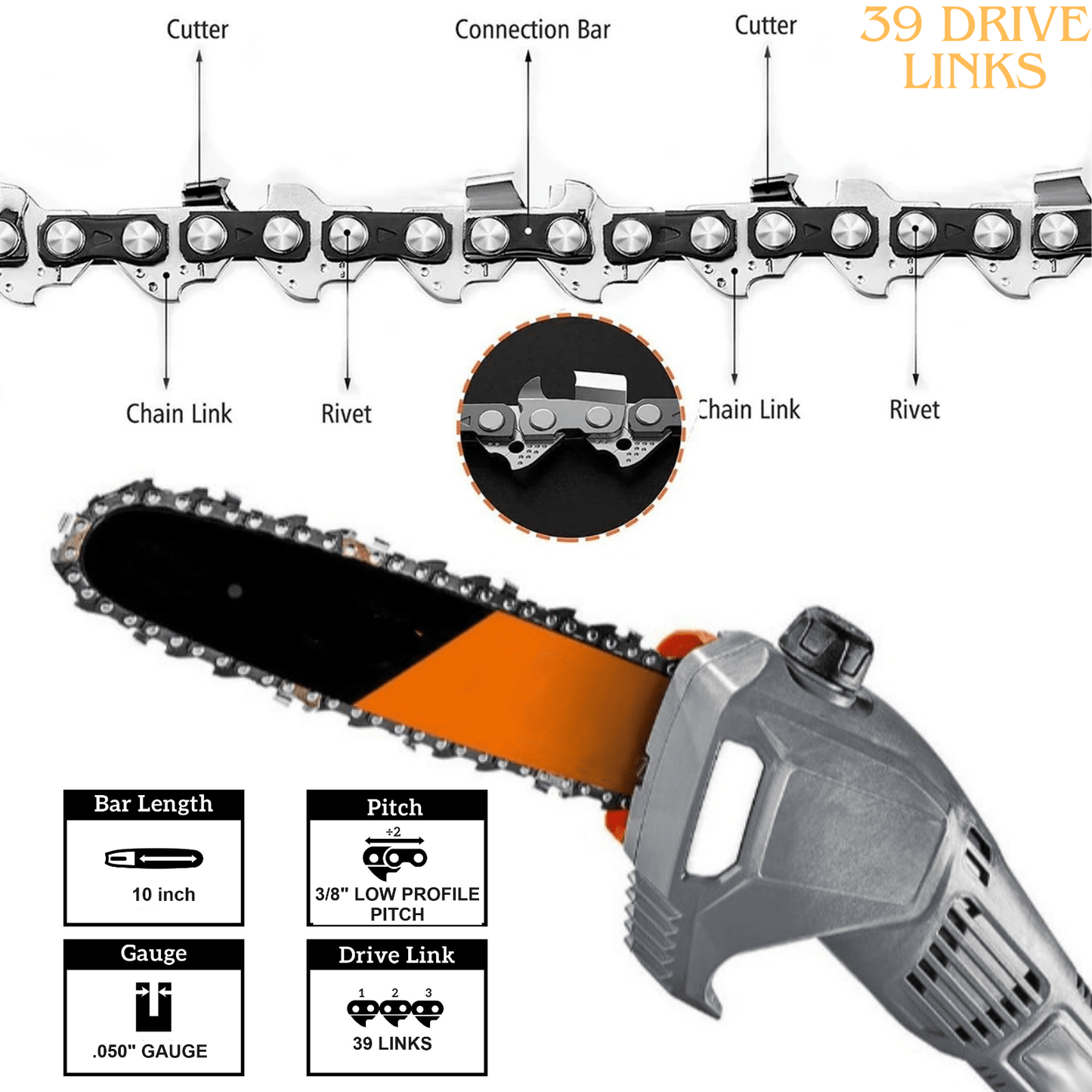 Drilax chainsaw chain close up showing cutters rivets 10 inch bar 050 gauge 39 drive links remington pole saw chain