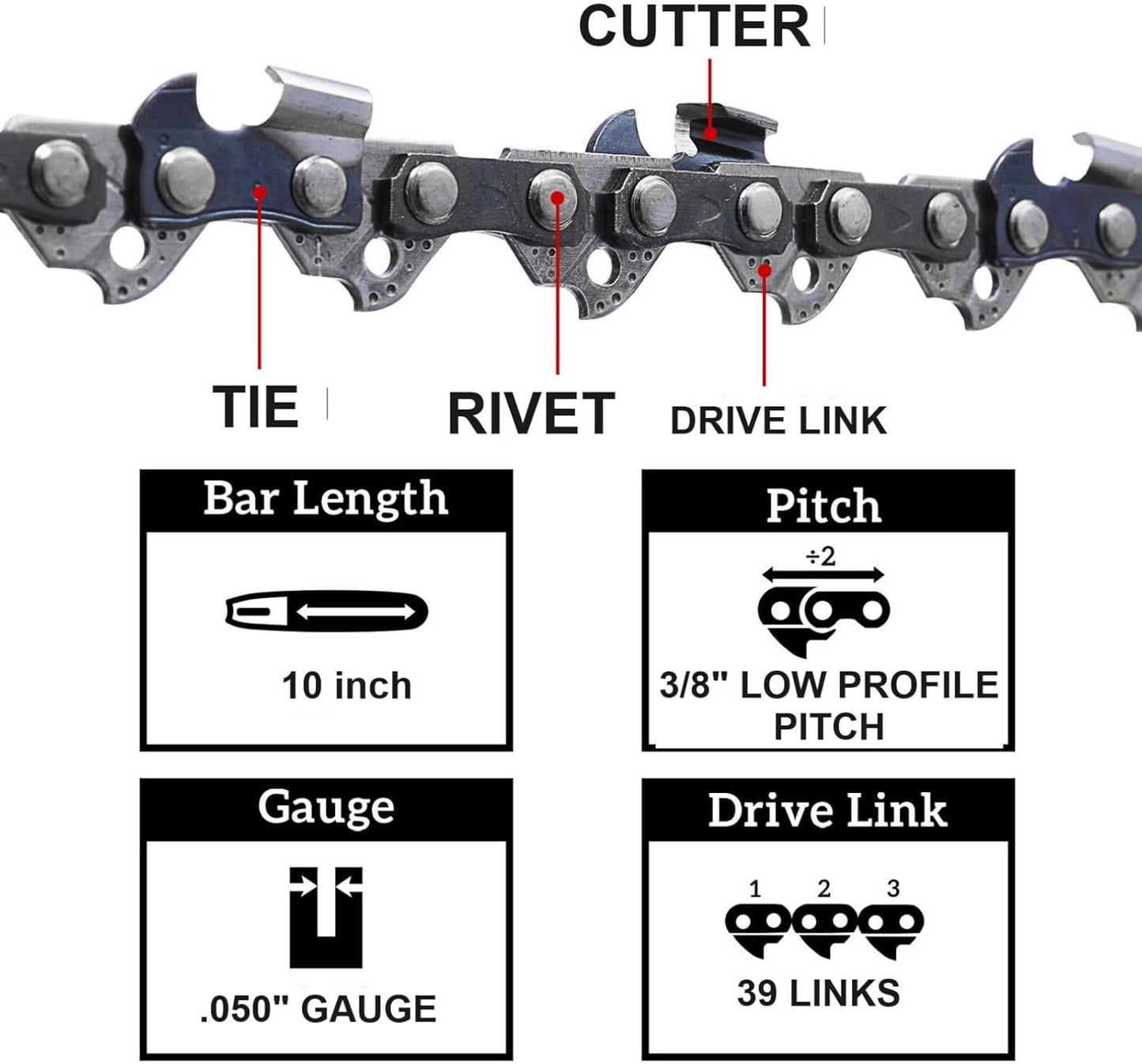 Drilax remington pole saw chain close up of cutters rivets and drive links with specs 10 inch bar 0.050 inch gauge 39 links