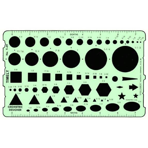 Timely 49T geometric drafting template with circles, squares, triangles and hexagons