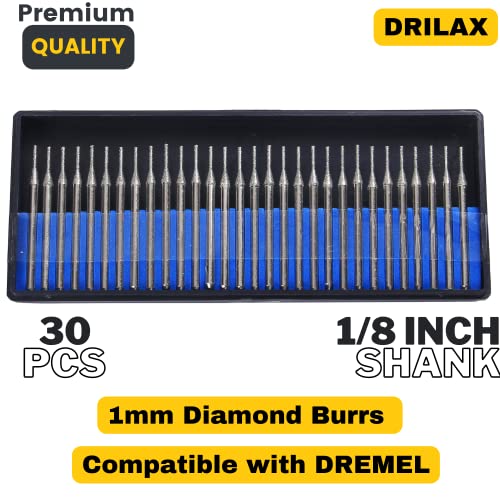 1mm Diamond Drill Bit Set Jewelry Beach Sea Glass Shells Gemstones 1/24 Inch Tip Bur 1/8 inch Shank Dremel Compatible Burr Lapidary 30 Pieces in Case Gems Natural Stones Drilling 1 mm