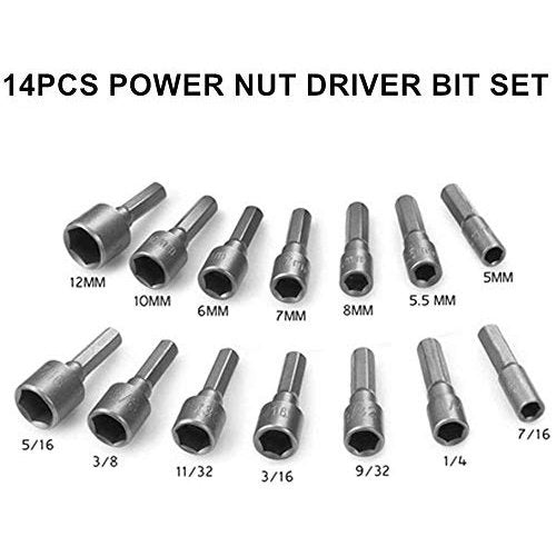 Drilax 14 Pcs Quick-Change Power Nut Driver Standard Metric Hex Shank Drill Bit Set Socket Screwdriver Wrench 3/16, 1/4, 9/32, 5/16, 11/32, 3/8, 7/16 inch 5, 5.5, 6, 7, 8, 10, 12 mm