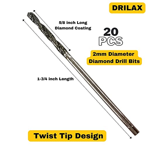 Diamond Drill Bit 2mm Set 20 Pcs Jewelry Beach Sea Glass Shells Gemstones 20 Pieces 2 mm Twist Bits Kit Pack by Drilax drilax-tools