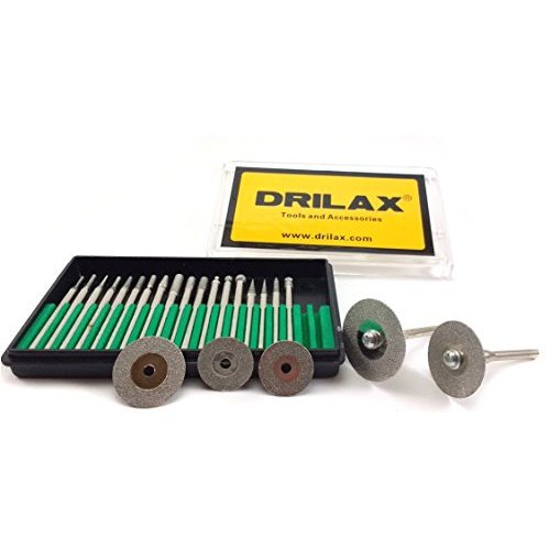 Drilax 25 pcs Diamond Coated Burs Cut Off Disc Set Cone Cylindrical Round Bit Burr Kit Lapidary 1/8" Shaft