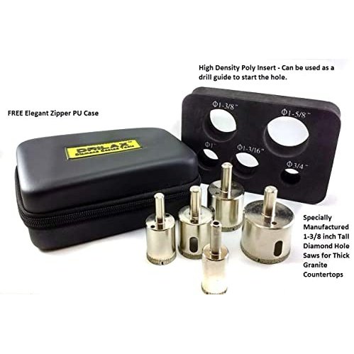 Drilax Diamond Hole Saw Drill Bit Longer Tall Version 3/4, 1, 1-3/16, 1- 3/8, 1-5/8 Inch Quartz Granite 3cm Thick Counter-top Ceramic Porcelain Tile 5 Pieces Set Insert Guide Included