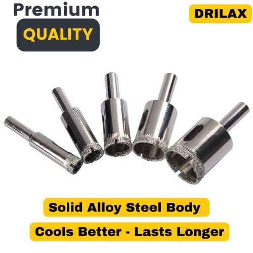 Drilax Diamond Drill Bit Hole Saw Drilling 3/8 1/2 5/8 3/4 1 Granite Ceramic Porcelain Tiles Pot Glass Bottle Lamp Quartz Slate Set 5 Pieces