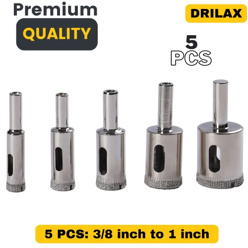 Drilax Diamond Drill Bit Hole Saw Drilling 3/8 1/2 5/8 3/4 1 Granite Ceramic Porcelain Tiles Pot Glass Bottle Lamp Quartz Slate Set 5 Pieces