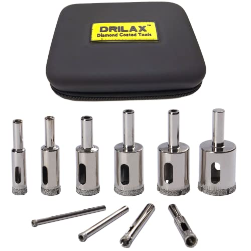 Drilax Diamond Drill Bit 10 Pieces Set 5/32 3/16 1/4 5/16 3/8 1/2 5/8 3/4 7/8 1 Inch Ceramic Porcelain Tile Glass Granite Quartz Slate Kitchen Bathroom Shower Lamps Case Included drilax-tools