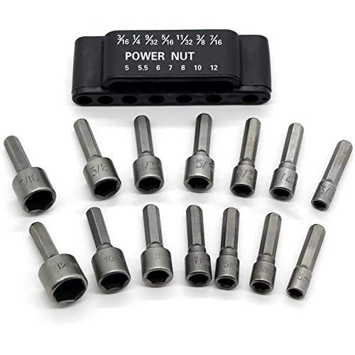 Drilax 14 Pcs Quick-Change Power Nut Driver Standard Metric Hex Shank Drill Bit Set Socket Screwdriver Wrench 3/16, 1/4, 9/32, 5/16, 11/32, 3/8, 7/16 inch 5, 5.5, 6, 7, 8, 10, 12 mm