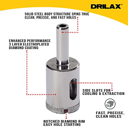 Drilax Diamond Drill Bit Set 1/4, 1/2, 3/4 Inch Drilling Tile Glass Fish Tank Granite Quartz Ceramic Porcelain Bottle Lamps Flower Pot Drain 3 Pieces