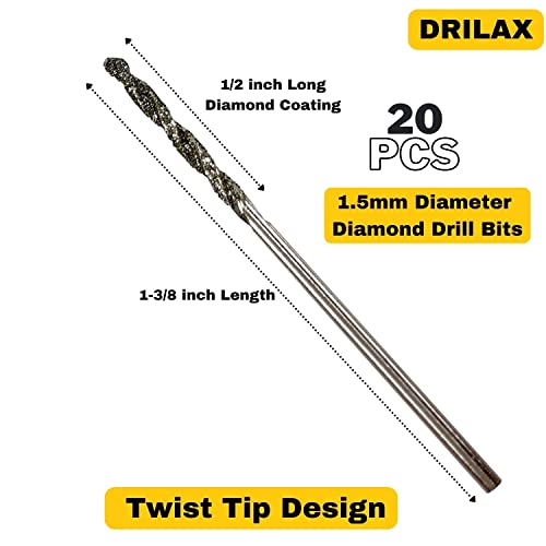 Diamond Drill Bit 1.5mm Set 20 Pcs Jewelry Beach Sea Glass Shells Gemstones 20 Pieces Twist Bits Kit Pack by Drilax drilax-tools