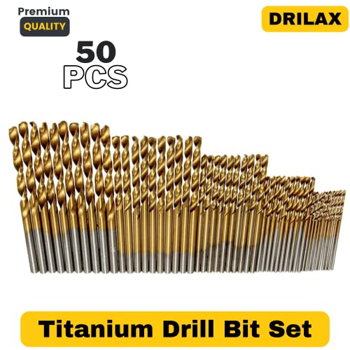 50 pcs 1mm 1.5mm 2mm 2.5mm 3mm Titanium Coated HSS High Speed Steel Drill Bit Tool Set for Drilling Holes in Leather, Metal, Wood, Plastic, Soft Materials, Aluminum, Amber, Models
