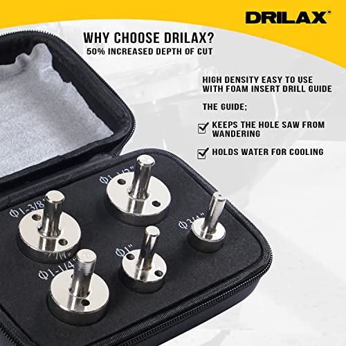 Drilax Diamond Hole Saw Drill Bit Longer Tall Version 3/4, 1, 1-3/16, 1- 3/8, 1-5/8 Inch Quartz Granite 3cm Thick Counter-top Ceramic Porcelain Tile 5 Pieces Set Insert Guide Included