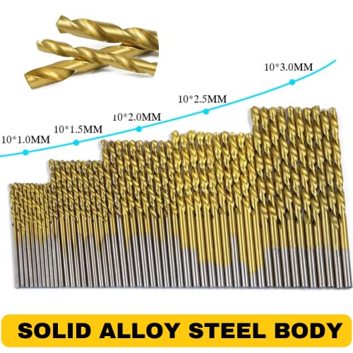 50 pcs 1mm 1.5mm 2mm 2.5mm 3mm Titanium Coated HSS High Speed Steel Drill Bit Tool Set for Drilling Holes in Leather, Metal, Wood, Plastic, Soft Materials, Aluminum, Amber, Models