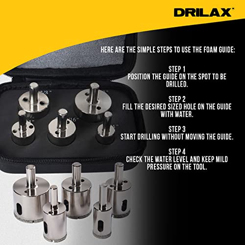 Drilax Diamond Hole Saw Drill Bit Longer Tall Version 3/4, 1, 1-3/16, 1- 3/8, 1-5/8 Inch Quartz Granite 3cm Thick Counter-top Ceramic Porcelain Tile 5 Pieces Set Insert Guide Included