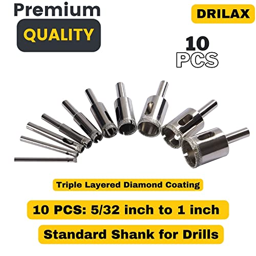 Drilax Diamond Drill Bit 10 Pieces Set 5/32 3/16 1/4 5/16 3/8 1/2 5/8 3/4 7/8 1 Inch Ceramic Porcelain Tile Glass Granite Quartz Slate Kitchen Bathroom Shower Lamps Case Included drilax-tools