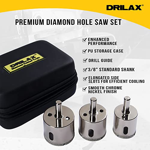 Drilax Pcs Diamond Drill Bit Set Extra Tall 1-1/2" 1-3/4" , 2" for Ceramic Porcelain Tile, Granite Quartz Countertop Hole Saws Shower, Faucet Drilling Tool 3 Pack