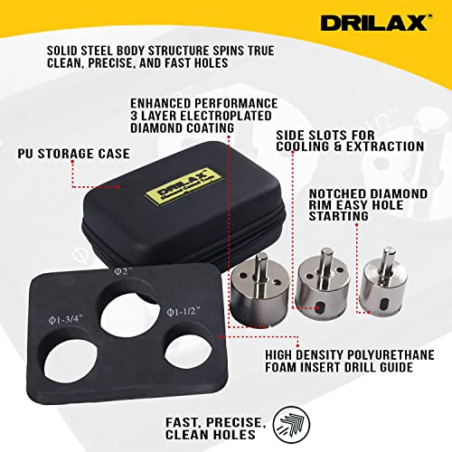Drilax Pcs Diamond Drill Bit Set Extra Tall 1-1/2" 1-3/4" , 2" for Ceramic Porcelain Tile, Granite Quartz Countertop Hole Saws Shower, Faucet Drilling Tool 3 Pack