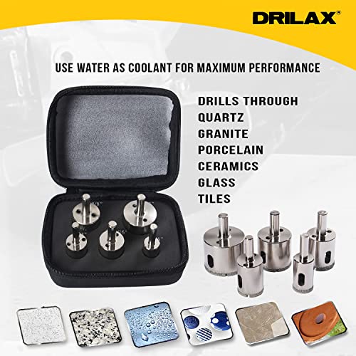 Drilax Diamond Hole Saw Drill Bit Longer Tall Version 3/4, 1, 1-3/16, 1- 3/8, 1-5/8 Inch Quartz Granite 3cm Thick Counter-top Ceramic Porcelain Tile 5 Pieces Set Insert Guide Included