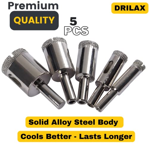 Drilax Diamond Drill Bit Hole Saw Drilling 3/8 1/2 5/8 3/4 1 Granite Ceramic Porcelain Tiles Pot Glass Bottle Lamp Quartz Slate Set 5 Pieces