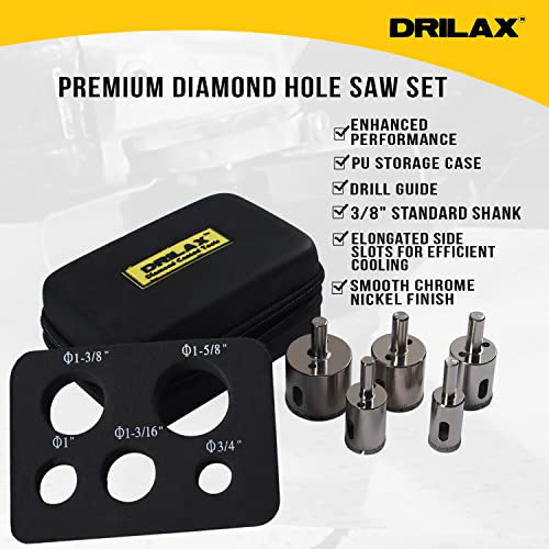 Drilax Diamond Hole Saw Drill Bit Longer Tall Version 3/4, 1, 1-3/16, 1- 3/8, 1-5/8 Inch Quartz Granite 3cm Thick Counter-top Ceramic Porcelain Tile 5 Pieces Set Insert Guide Included