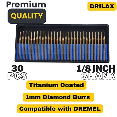 30 Pcs Drill Bit Burr Compatible Dremel Titanium Set 1/24 inch for Jewelry Necklace Earrings Pendants Bracelets with Sea Shells Beach Glass Rocks Natural Gemstones Diamond Coated 1mm Burrs in Case