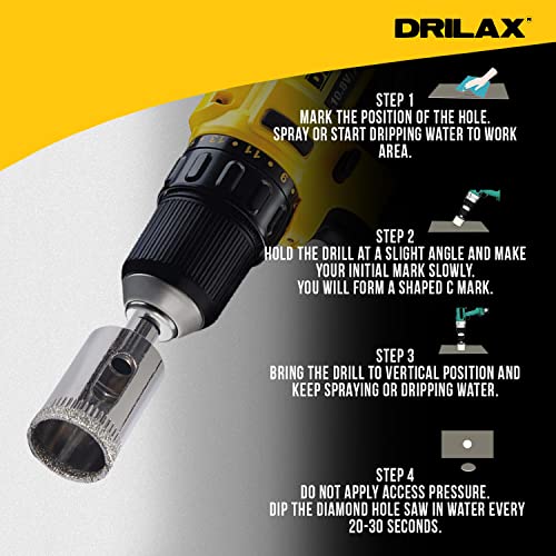 Drilax Diamond Drill Bit Set 1/4, 1/2, 3/4 Inch Drilling Tile Glass Fish Tank Granite Quartz Ceramic Porcelain Bottle Lamps Flower Pot Drain 3 Pieces