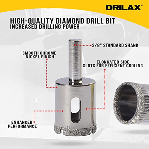Drilax Diamond Drill Bit 10 Pieces Set 5/32 3/16 1/4 5/16 3/8 1/2 5/8 3/4 7/8 1 Inch Ceramic Porcelain Tile Glass Granite Quartz Slate Kitchen Bathroom Shower Lamps Case Included drilax-tools