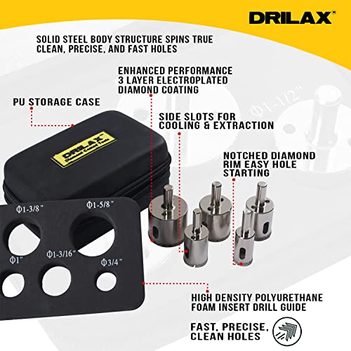 Drilax Diamond Hole Saw Drill Bit Longer Tall Version 3/4, 1, 1-3/16, 1- 3/8, 1-5/8 Inch Quartz Granite 3cm Thick Counter-top Ceramic Porcelain Tile 5 Pieces Set Insert Guide Included