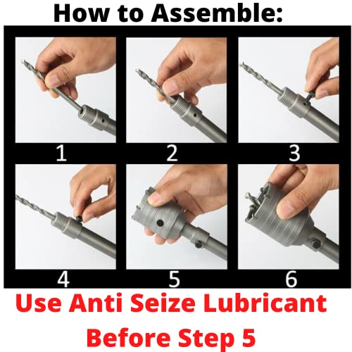 DRILAX 4 1/2" Concrete Hole Saw assembly steps showing pilot bit insertion and anti seize lubricant reminder