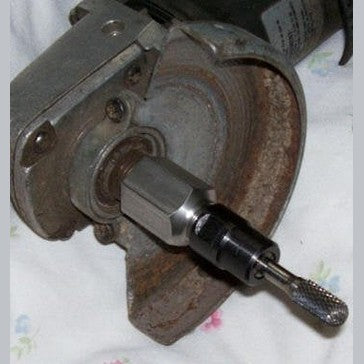 DRILAX flapper adapter on drill with carbide rotary burr for metal grinding and edge smoothing
