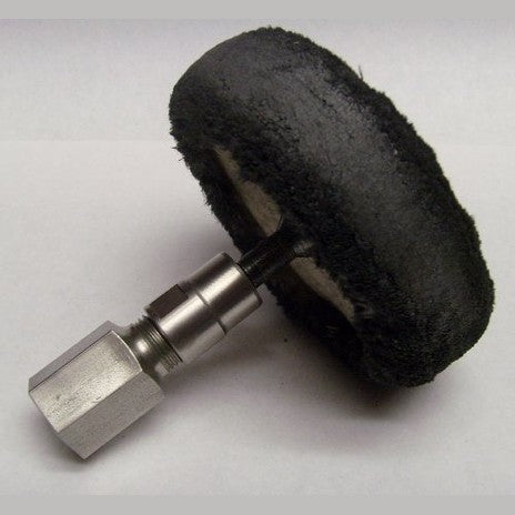 DRILAX flapper adapter for drill with black abrasive flap wheel and threaded hex shank