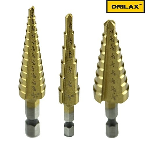DRILAX titanium coated step drill bit set with multiple sizes for versatile drilling applications